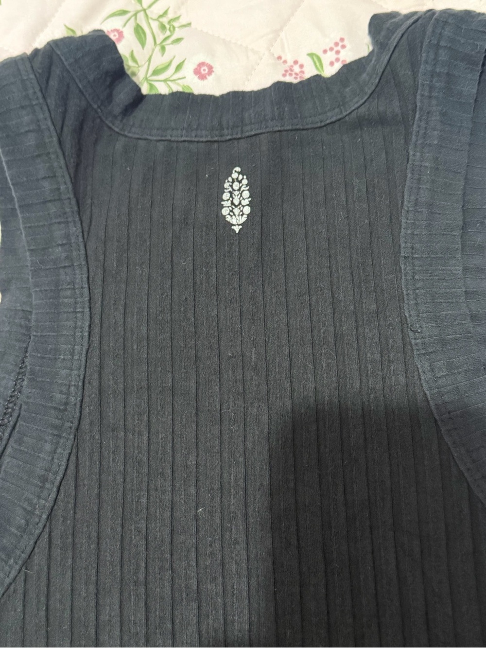 Free People Black Ribbed Muscle Tee with Small White Embellishment